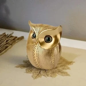 Decorative Owl Figurine, Golden Resin Embossed Dot Pattern Showpiece, Tabletop Accent for Home Decor, Living Room Shelf, Office Desk, Gold with Black Eyes Animal Sculpture Shelf Decoration